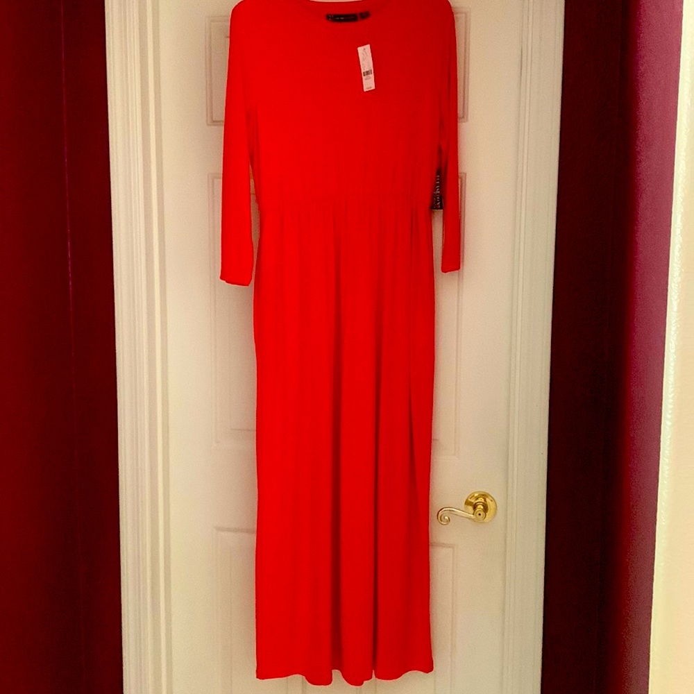 New York and Company long red maxi dress with sleeves, new, never worn.